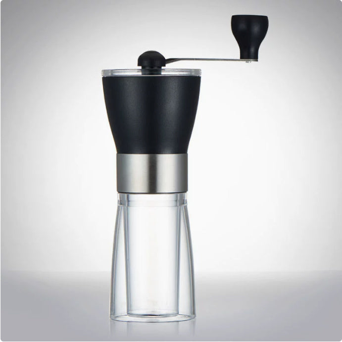 Shopi Vella manual coffee grinder with black top and clear glass container for fresh coffee beans