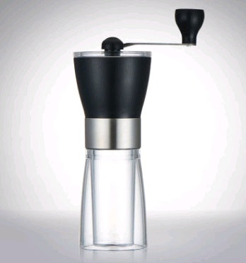 Shopi Vella manual coffee grinder with black top and clear container for fresh ground coffee