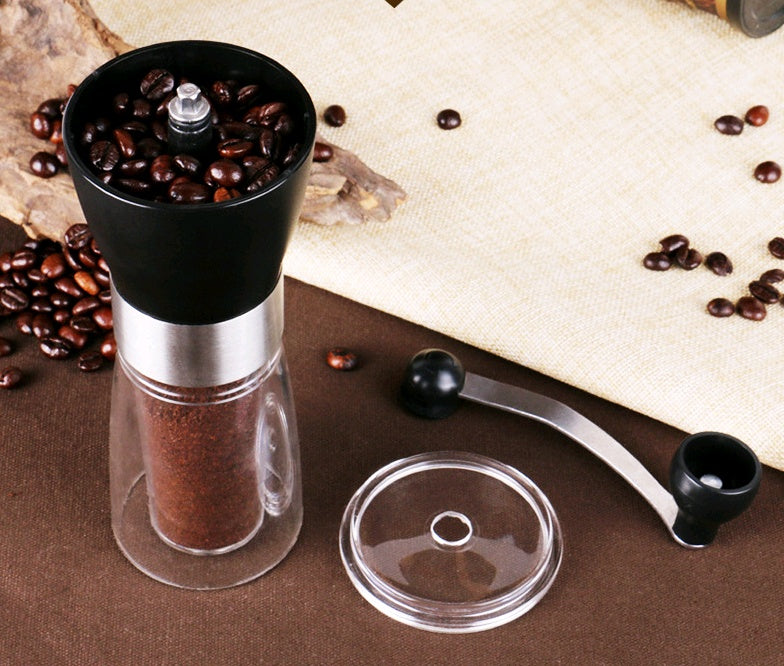 Shopi Vella manual coffee grinder with beans in top compartment and ground coffee collected below