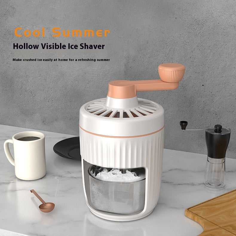Shopi Vella manual ice shaving machine for home in white and peach color with hollow visible ice shaver design
