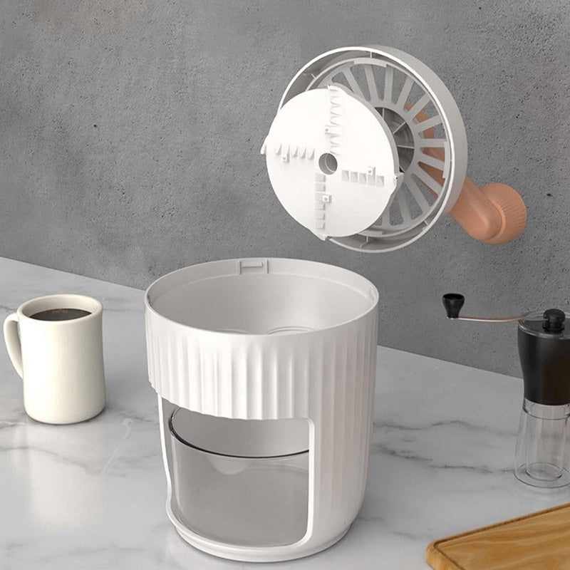 Shopi Vella manual ice shaving machine for home in white with detachable parts on kitchen countertop