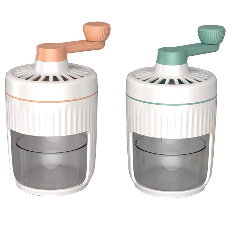 Shopi Vella manual ice shaving machine for home in white with peach and green handles kitchen storage