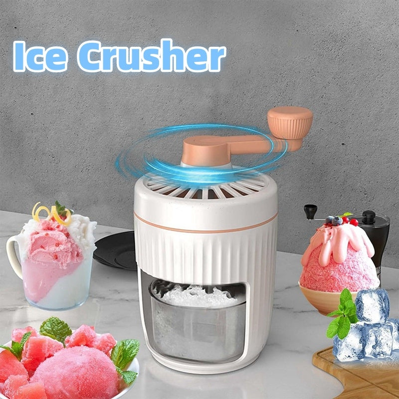 Shopi Vella manual ice shaving machine for home in white with peach handle and shaved ice collection cup
