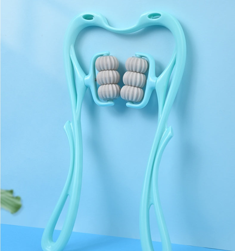 Light blue manual neck massager tool with comfortable rollers for effective muscle relief