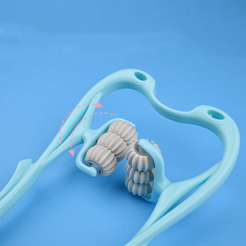 Shopi Vella manual neck massager tool with ergonomic blue handle and white rotating rollers
