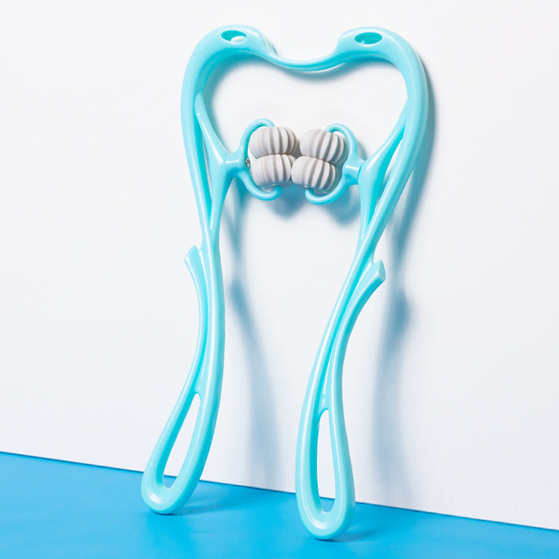 Shopi Vella manual neck massager tool in blue with ergonomic handles and white rolling massage nodes