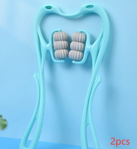 Shopi Vella manual neck massager tool in light blue with ergonomic design and multiple massage rollers