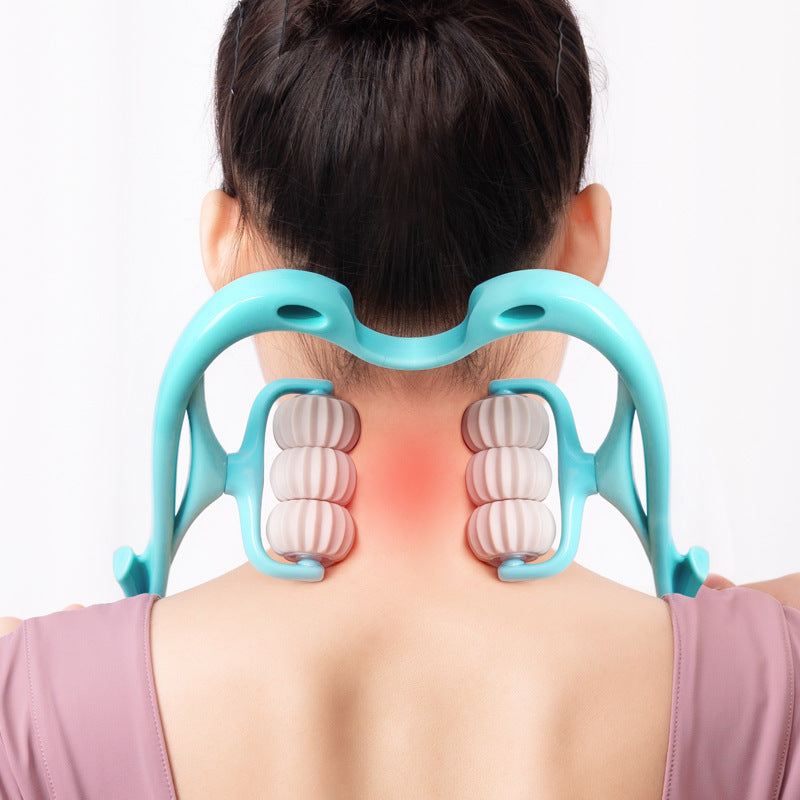Manual neck massager tool in blue being used on neck for muscle relief by Shopi Vella