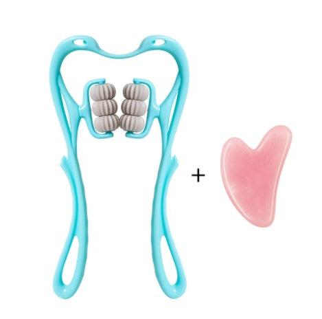 Shopi Vella manual neck massager tool with blue ergonomic frame and pink gua sha stone for home storage
