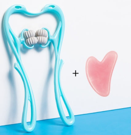 Shopi Vella manual neck massager tool in blue with attached rollers and a pink gua sha stone
