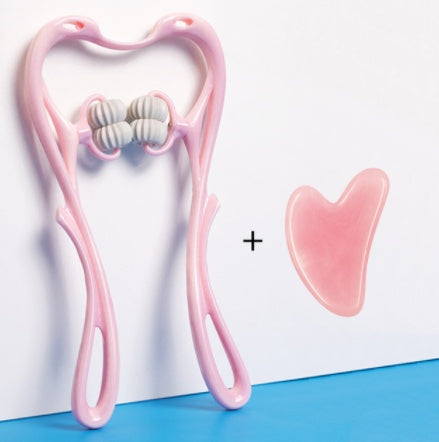 Shopi Vella pink manual neck massager tool with roller balls and an additional pink massage scraper