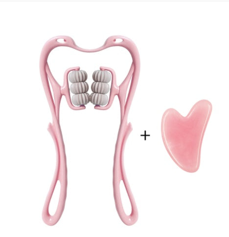 Shopi Vella pink manual neck massager tool with ergonomic handles and additional small massage stone