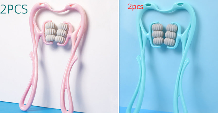 Shopi Vella manual neck massager tool in pink and blue colors with ergonomic handles and roller nodes