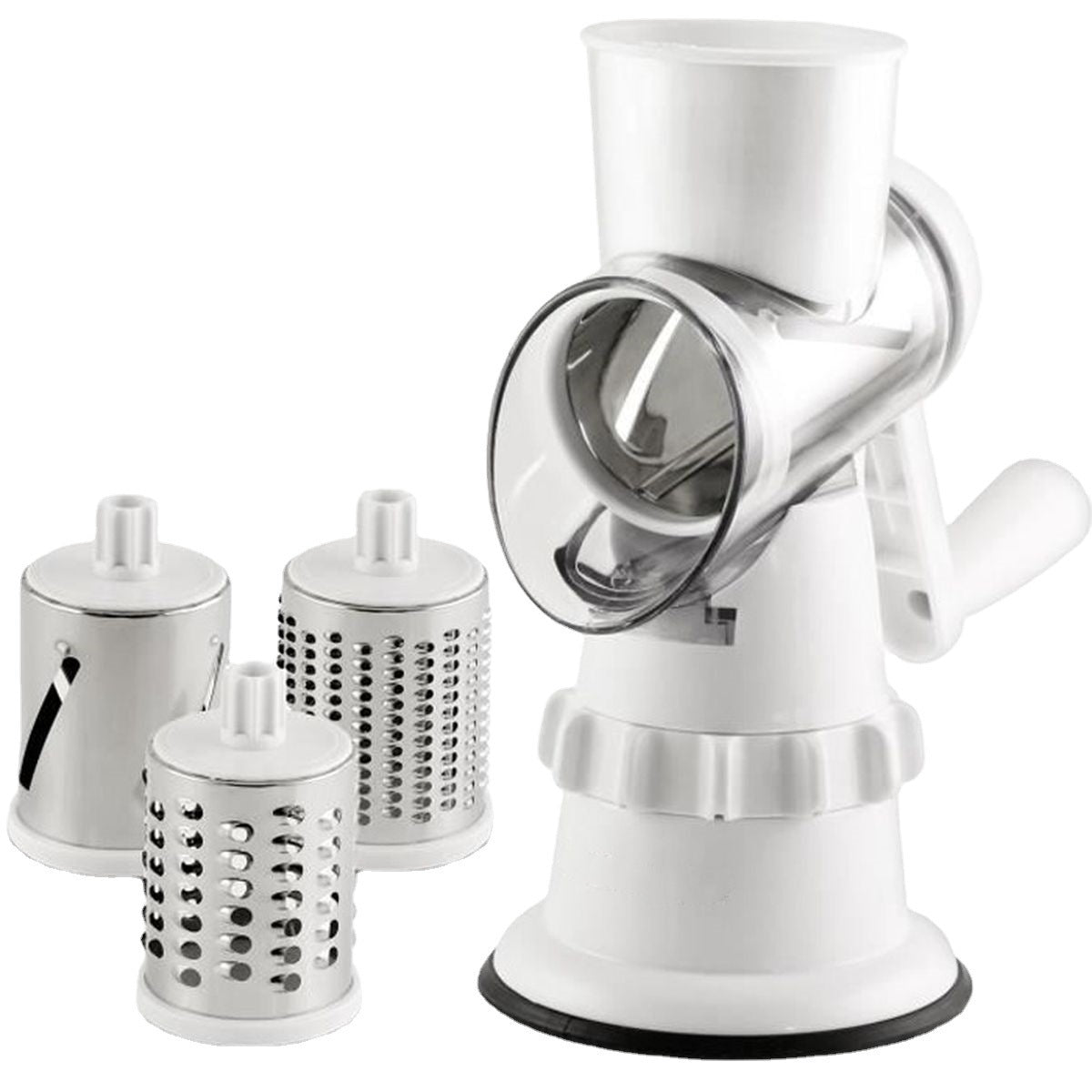 Shopi Vella potato and vegetable round shredder with white base and three stainless steel shredding drums