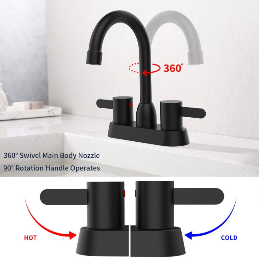 Matte black bathroom sink faucet by Shopi Vella with 360 degree swivel and hot cold handles