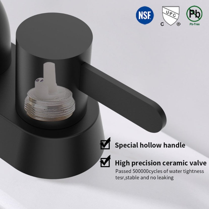 Matte black bathroom sink faucet with special hollow handle and high precision ceramic valve