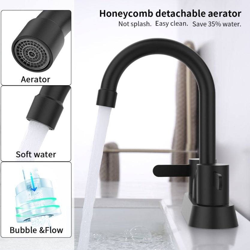 Matte black bathroom sink faucet by Shopi Vella with honeycomb detachable aerator and soft water flow
