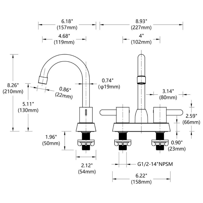 Technical drawing with dimensions of Shopi Vella matte black bathroom sink faucet for precise installation