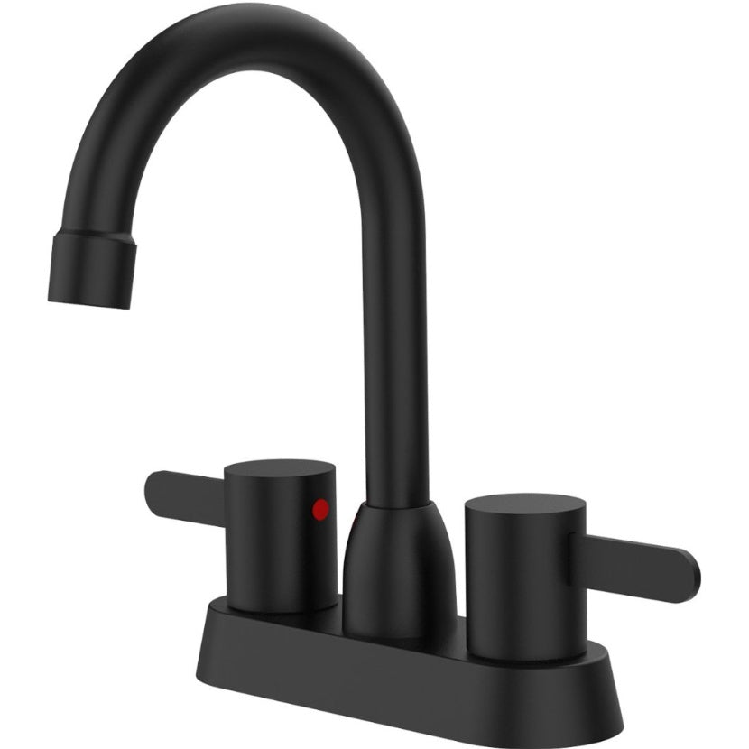 Shopi Vella matte black bathroom sink faucet with dual handles and curved spout design