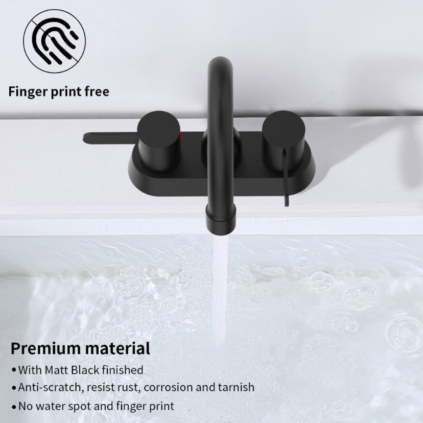 Matte black bathroom sink faucet by Shopi Vella with fingerprint free and anti-scratch finish over white sink