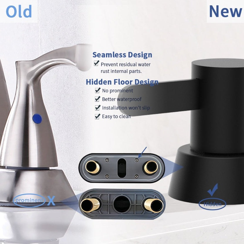 Comparison of old and new matte black bathroom sink faucet by Shopi Vella showcasing seamless design and hidden floor design