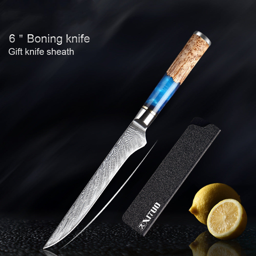 Shopi Vella meat chopping knife set featuring a 6 inch boning knife with wooden handle and gift sheath