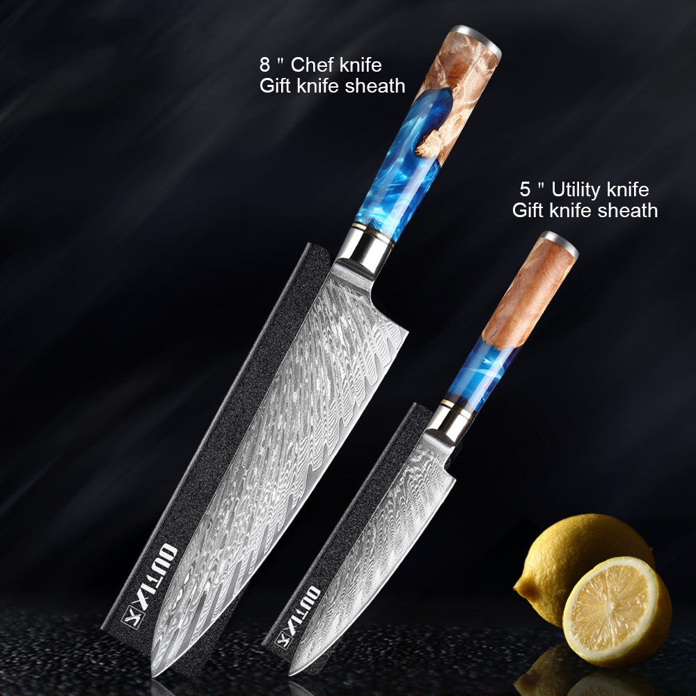 Shopi Vella meat chopping knife set with 8 inch chef knife and 5 inch utility knife with wooden blue handles and gift sheaths