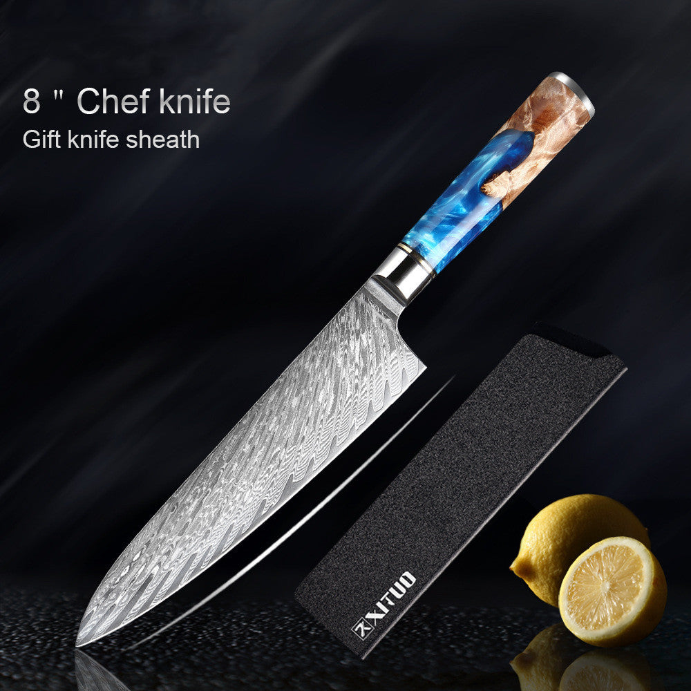 Shopi Vella 8 inch chef knife with patterned blade and gift knife sheath from meat chopping knife set