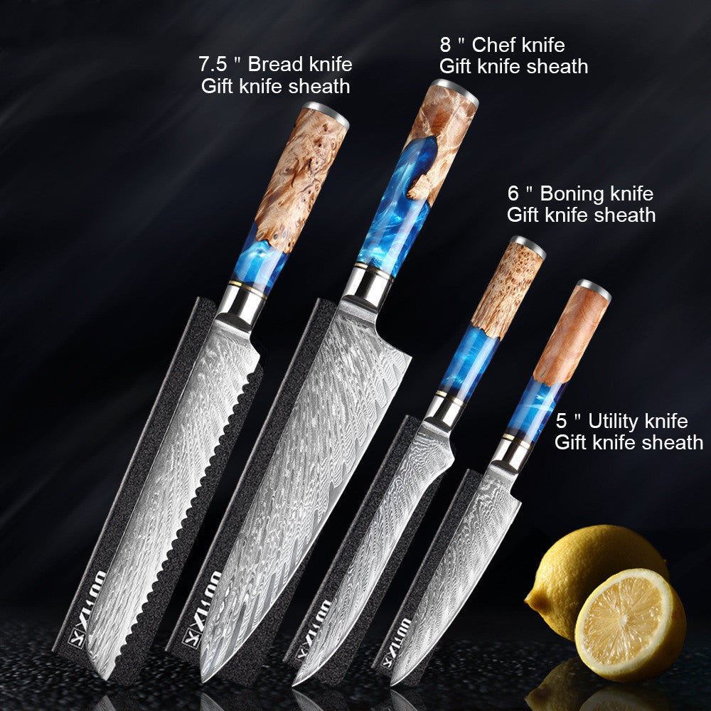 Shopi Vella meat chopping knife set with 8 inch chef knife, 7.5 inch bread knife, 6 inch boning knife, and 5 inch utility knife with sheaths