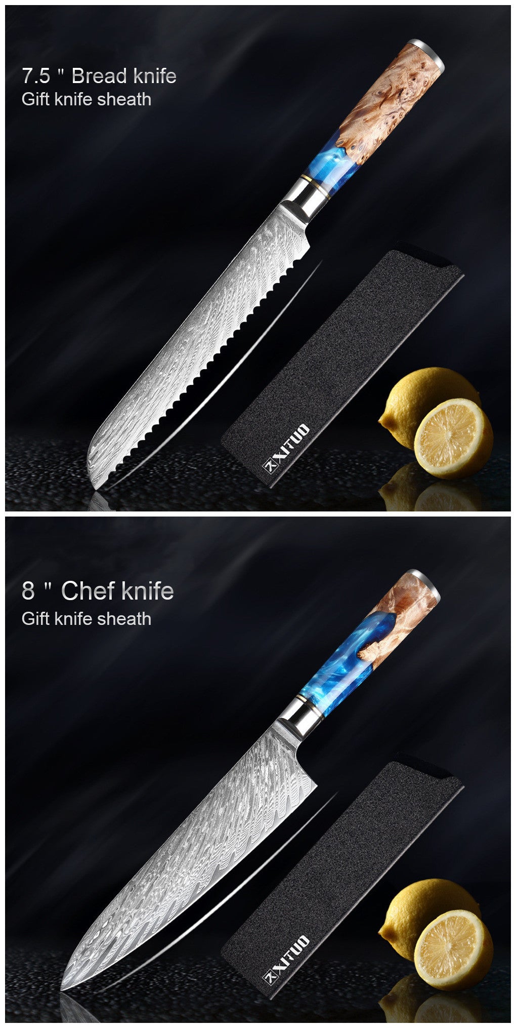 Shopi Vella meat chopping knife set with 7.5 inch bread knife and 8 inch chef knife featuring wooden handles and gift sheaths