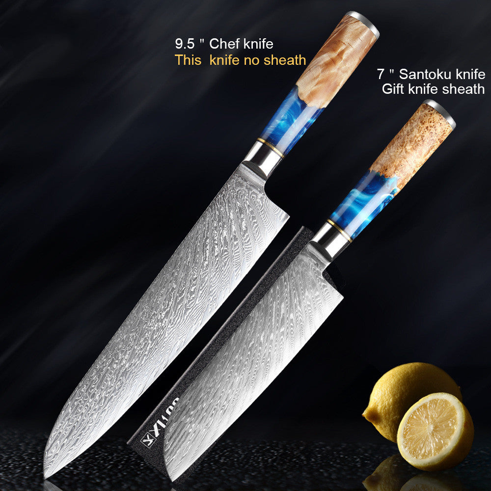 Shopi Vella meat chopping knife set with 9.5 inch chef knife and 7 inch santoku knife with blue wooden handles
