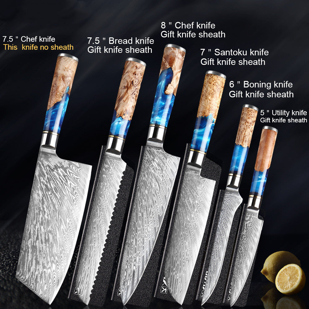 Shopi Vella meat chopping knife set with six high-quality knives including chef, bread, santoku, boning, and utility knives