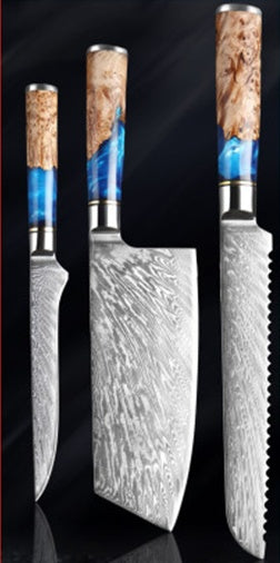Shopi Vella meat chopping knife set with Damascus steel blades and blue wood handles