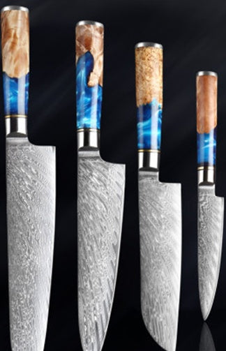 Shopi Vella meat chopping knife set with four detailed blades and wood blue resin handles