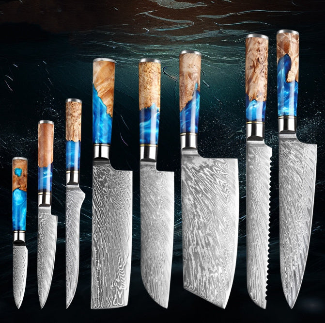 Shopi Vella meat chopping knife set with eight Damascus steel knives and blue wood handles