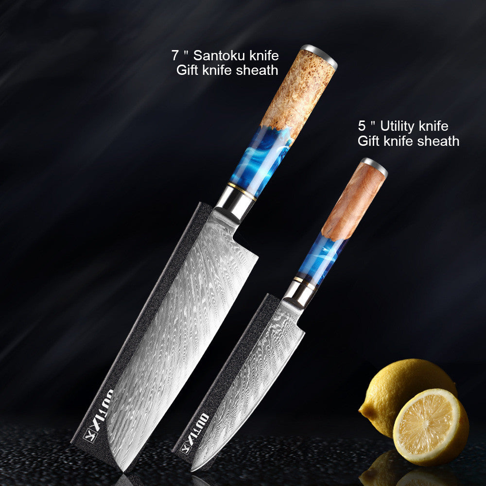 Shopi Vella meat chopping knife set with 7 inch Santoku and 5 inch utility knives with wooden handles