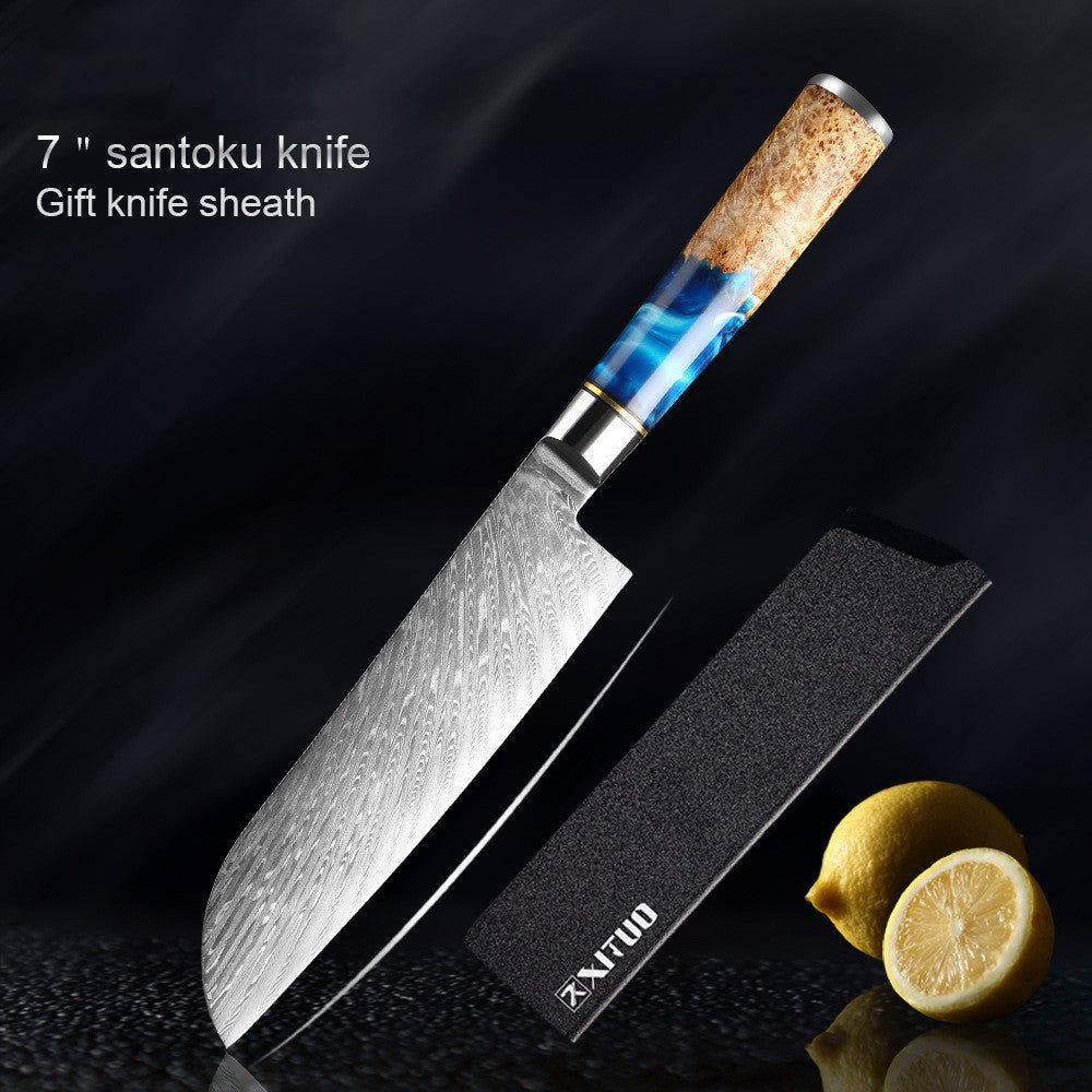Shopi Vella meat chopping knife set featuring a 7-inch santoku knife with a decorative handle and black gift knife sheath