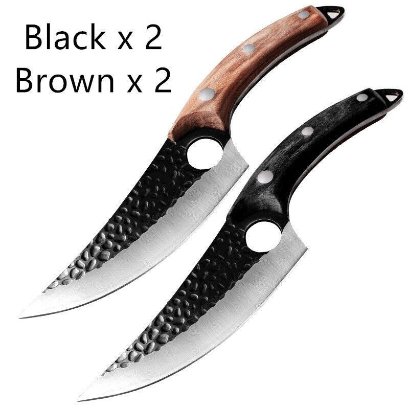 Shopi Vella meat cutting scimitar knife set with hammered blades and black and brown handles