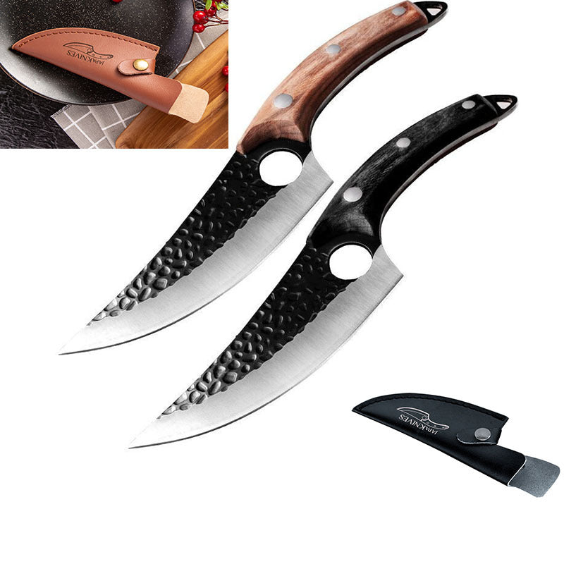 Shopi Vella meat cutting scimitar knife set with wooden and black handles and protective sheaths