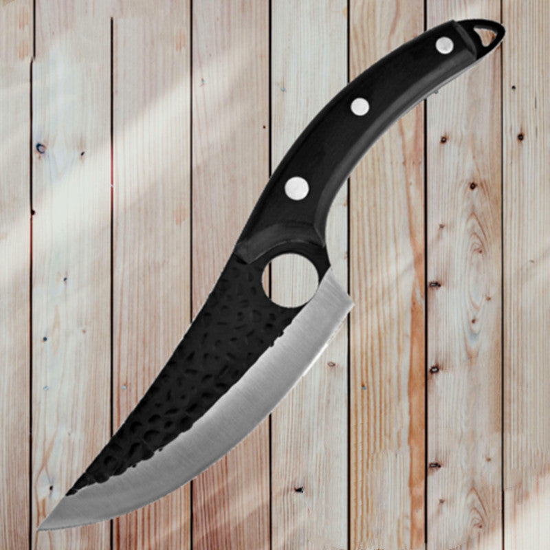 Shopi Vella meat cutting scimitar knife with black textured blade and ergonomic handle