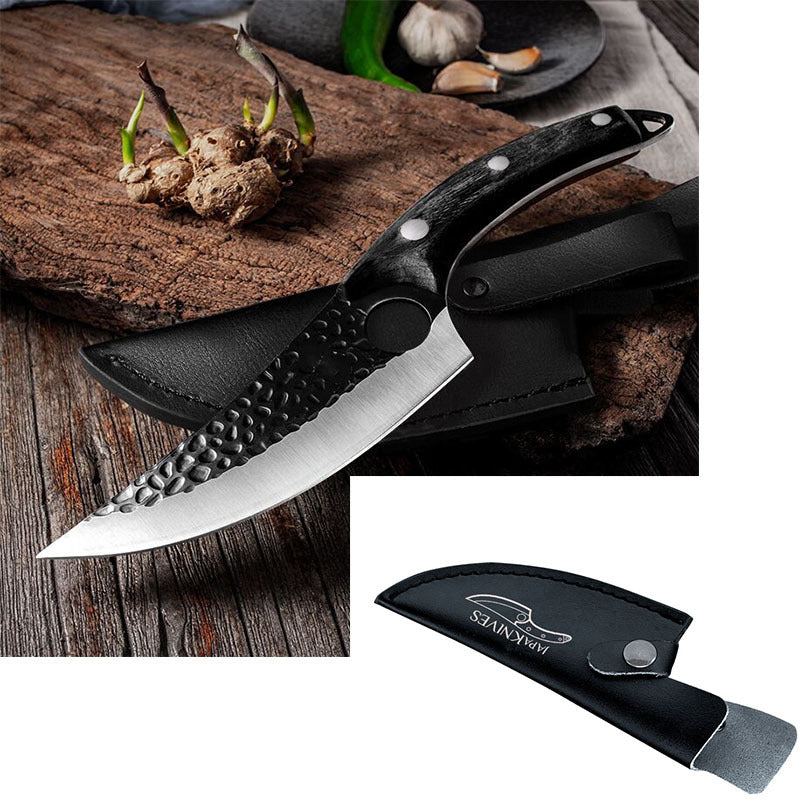 Shopi Vella meat cutting scimitar knife with hammered blade and black handle with protective sheath