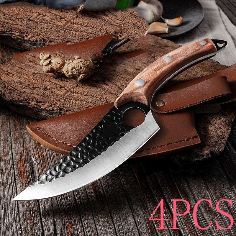 Shopi Vella meat cutting scimitar knife with wooden handle and hammered blade on leather sheath