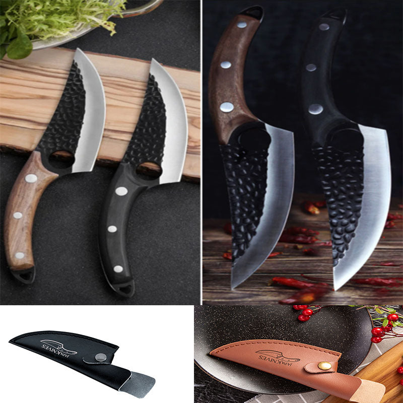 Shopi Vella meat cutting scimitar knife set with hammered steel blades and wooden and black handles