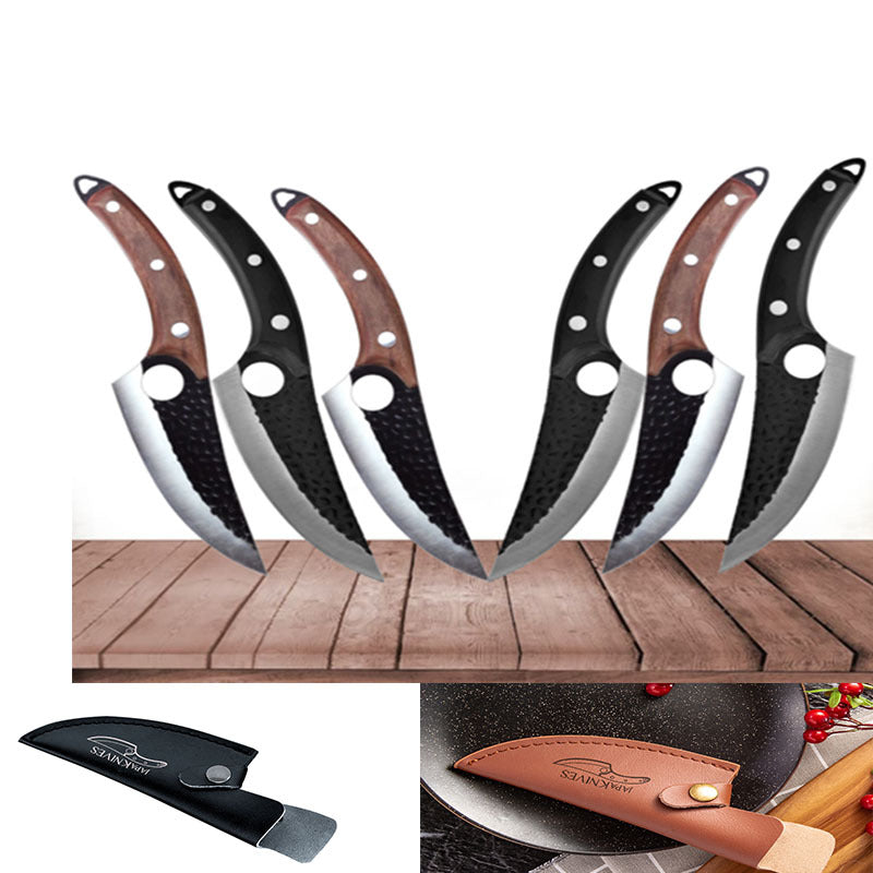 Shopi Vella meat cutting scimitar knife set with curved sharp blades and wooden and black handles