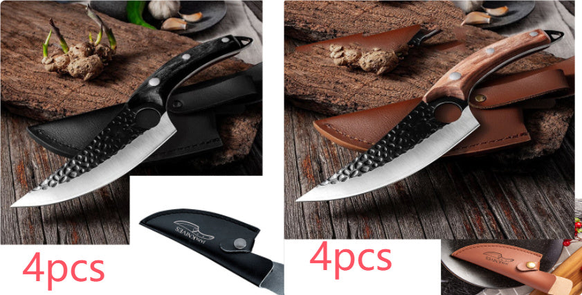 Shopi Vella meat cutting scimitar knife with hammered blade and leather sheath for precise slicing