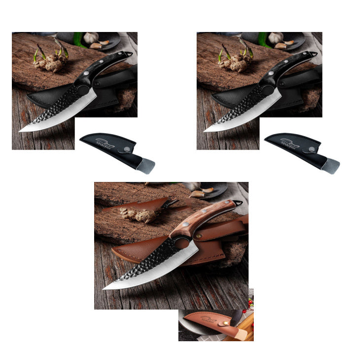 Shopi Vella meat cutting scimitar knife with hammered blade and ergonomic handle on rustic wooden surface