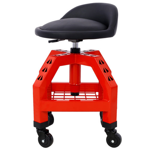 Shopi Vella mechanics rolling creeper seat with black cushioned seat and red sturdy frame on wheels
