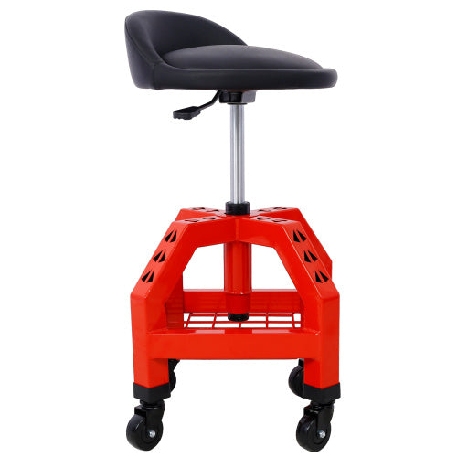 Shopi Vella mechanics rolling creeper seat with red base and black cushioned adjustable chair on wheels