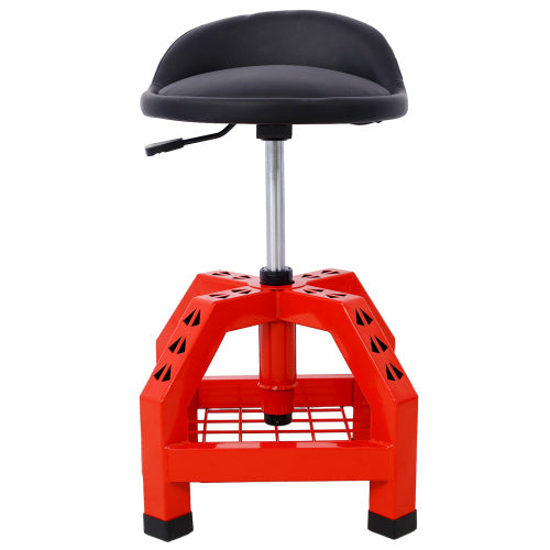 Shopi Vella mechanics rolling creeper seat with a red sturdy base and black cushioned adjustable seat