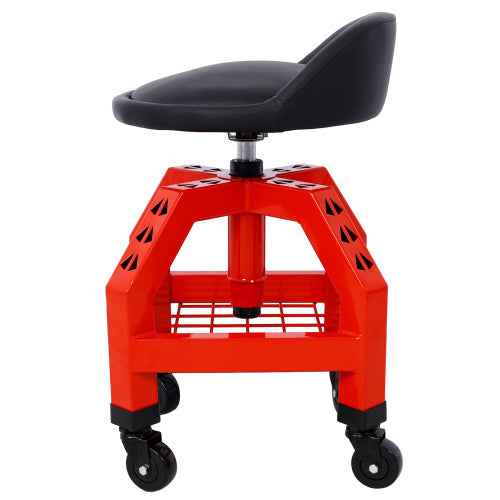 Shopi Vella mechanics rolling creeper seat with black cushioned seat and red metal frame on wheels